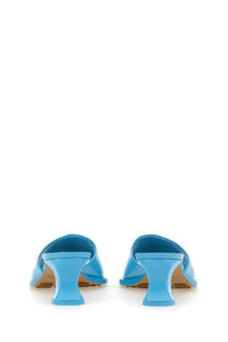 Bottega Veneta women’s mule cha cha in bright blue patent leather with sleek block heel and minimalist design