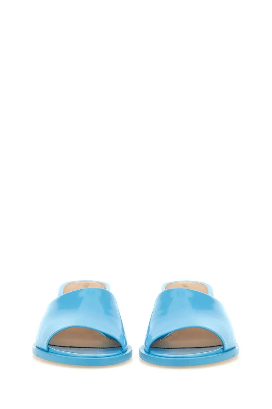 Bottle veneta women’s mule cha cha blue light blue patent leather slide sandals with sleek minimalist design