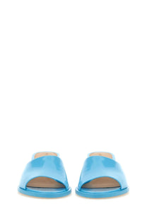 Bottle veneta women’s mule cha cha blue light blue patent leather slide sandals with sleek minimalist design