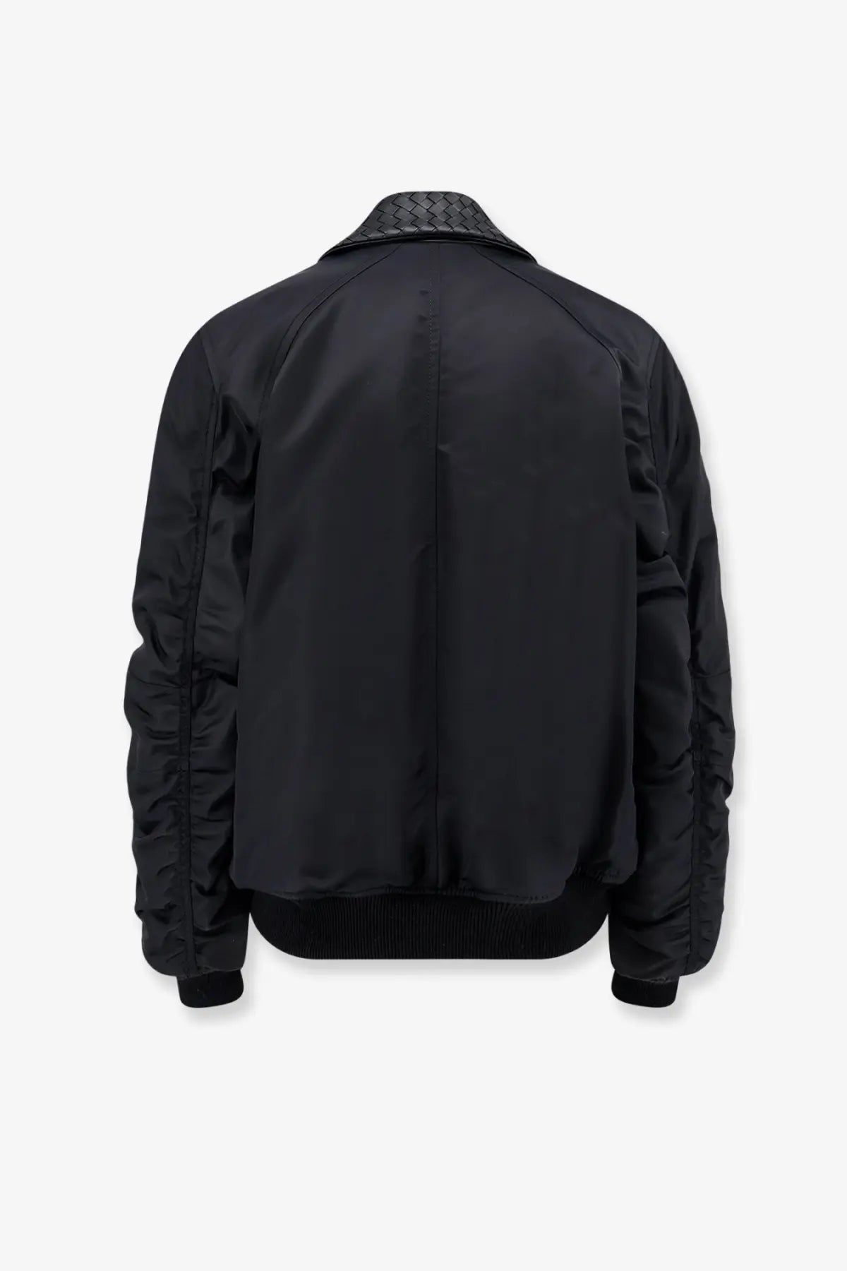 Bottega Veneta women’s black bomber jacket with textured woven collar smooth nylon fabric and ribbed cuffs