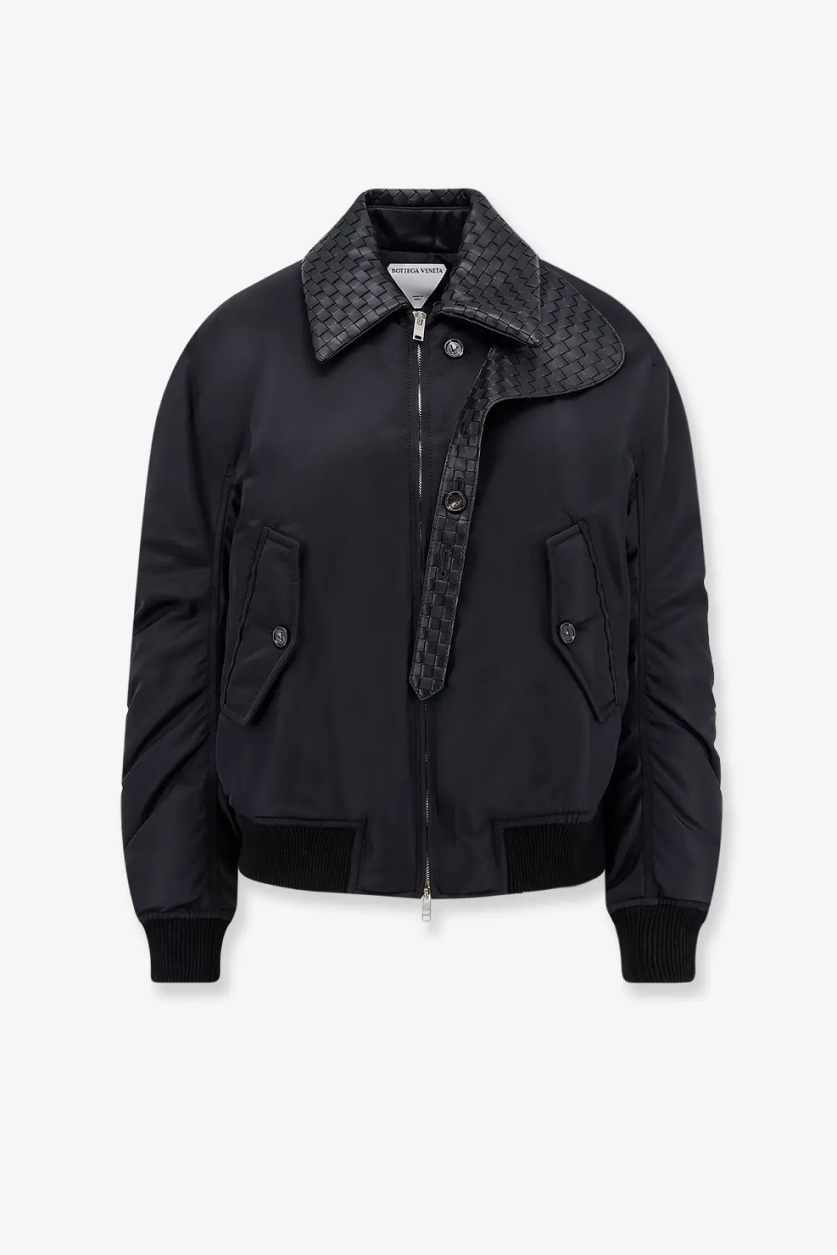 Bottega Veneta women’s black nylon bomber jacket with woven leather collar zipper trim two front pockets and ribbed cuffs