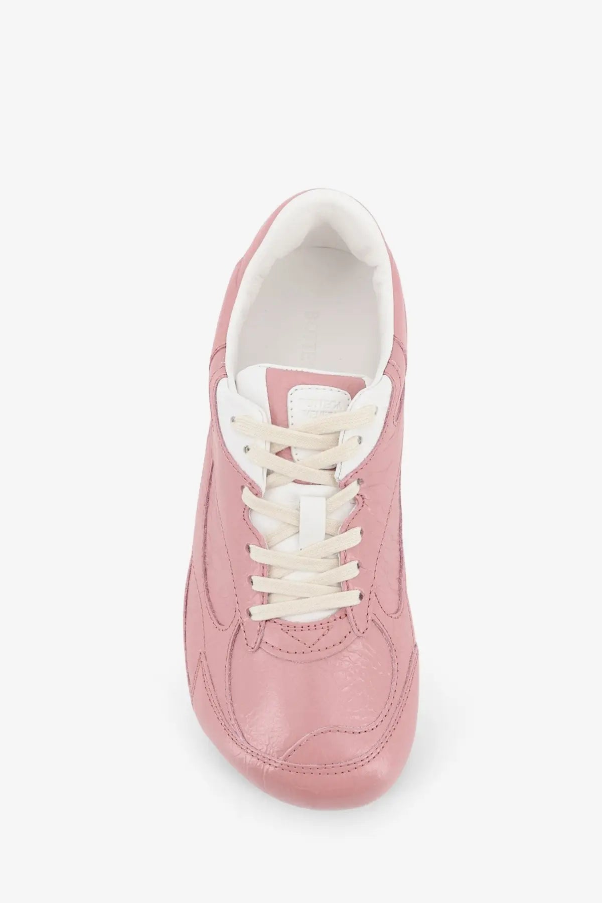Bottega Veneta women’s orbit flash pink leather sneaker with white laces and matching white interior