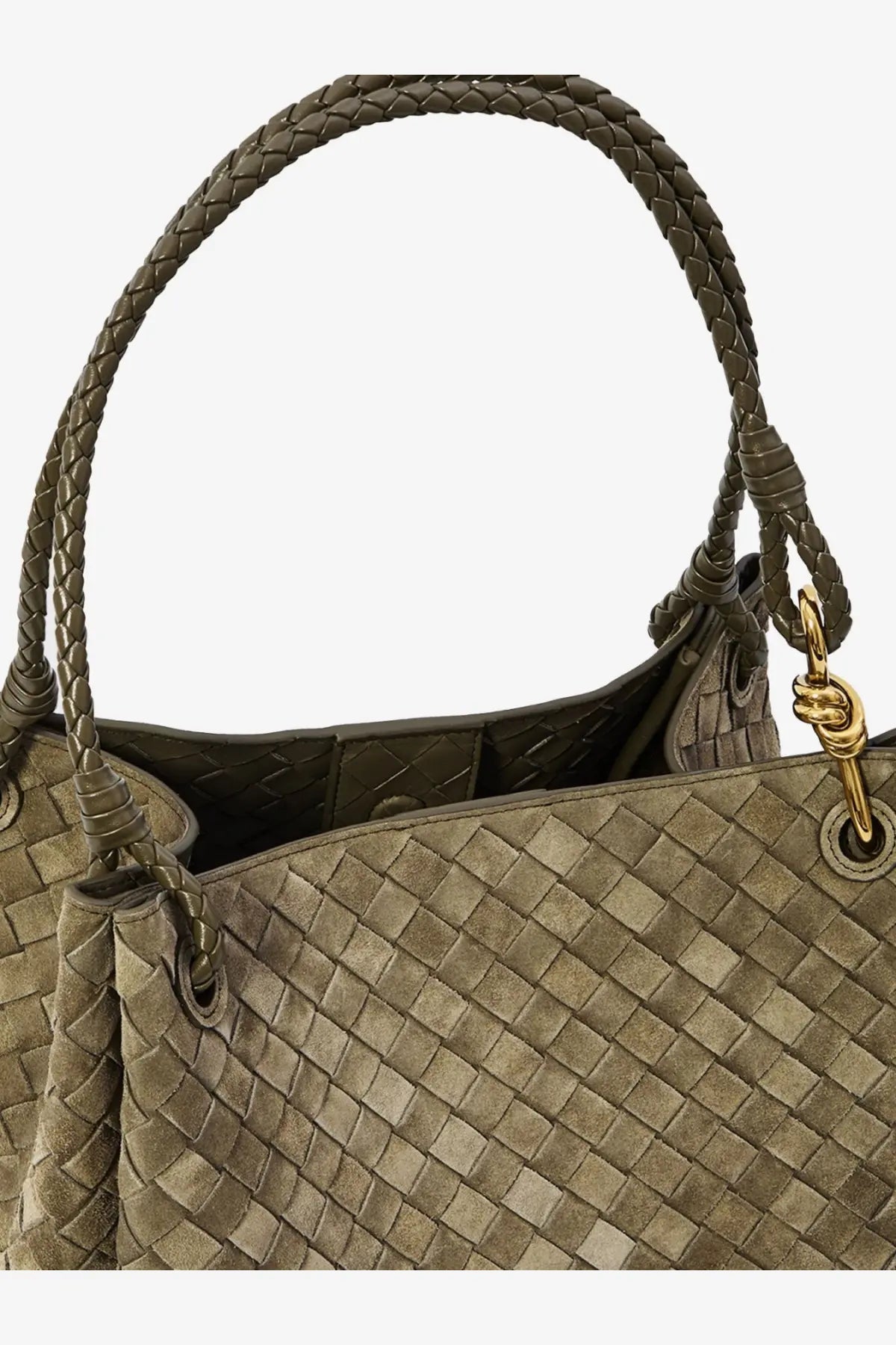 Olive green botega veneta intrecciato woven tote bag with braided handles and gold tone hardware