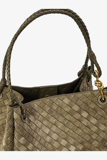 Olive green botega veneta intrecciato woven tote bag with braided handles and gold tone hardware