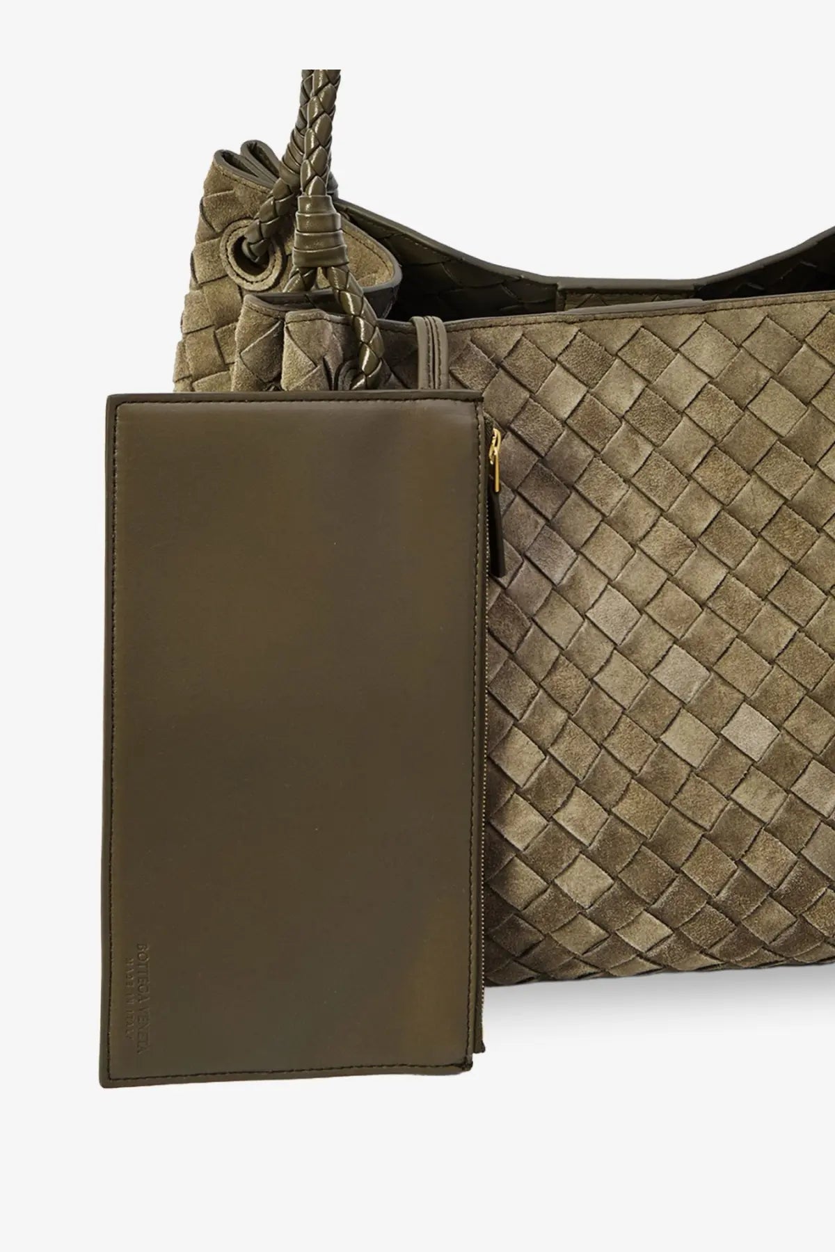Olive green leather wallet with minimalist rectangular design and gold zipper for bottega veneta women’s bag