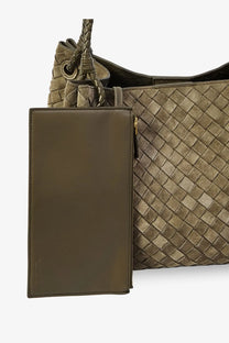 Olive green leather wallet with minimalist rectangular design and gold zipper for bottega veneta women’s bag