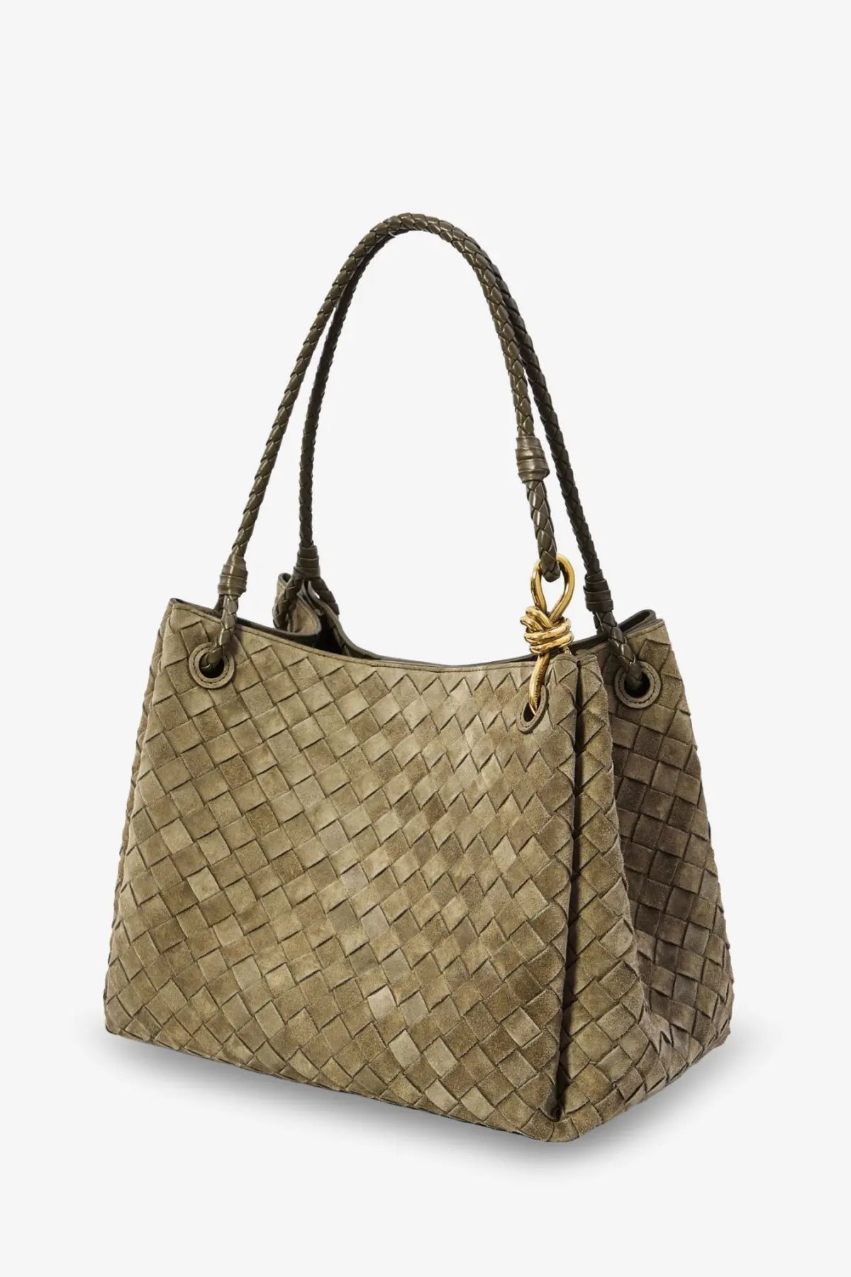 Taupe taupe-colored woven leather handbag with braided handles and gold-tone hardware by bottega veneta