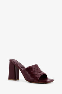 Bottega Veneta women’s parco red leather mule sandal with woven texture and block heel front view