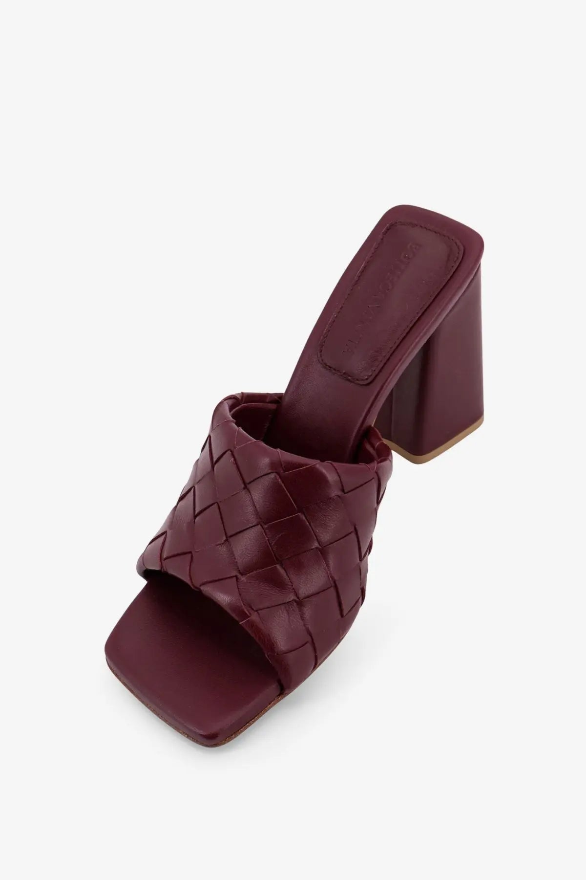 Bottega Veneta women’s parco burgundy leather mule sandal with woven strap and block heel
