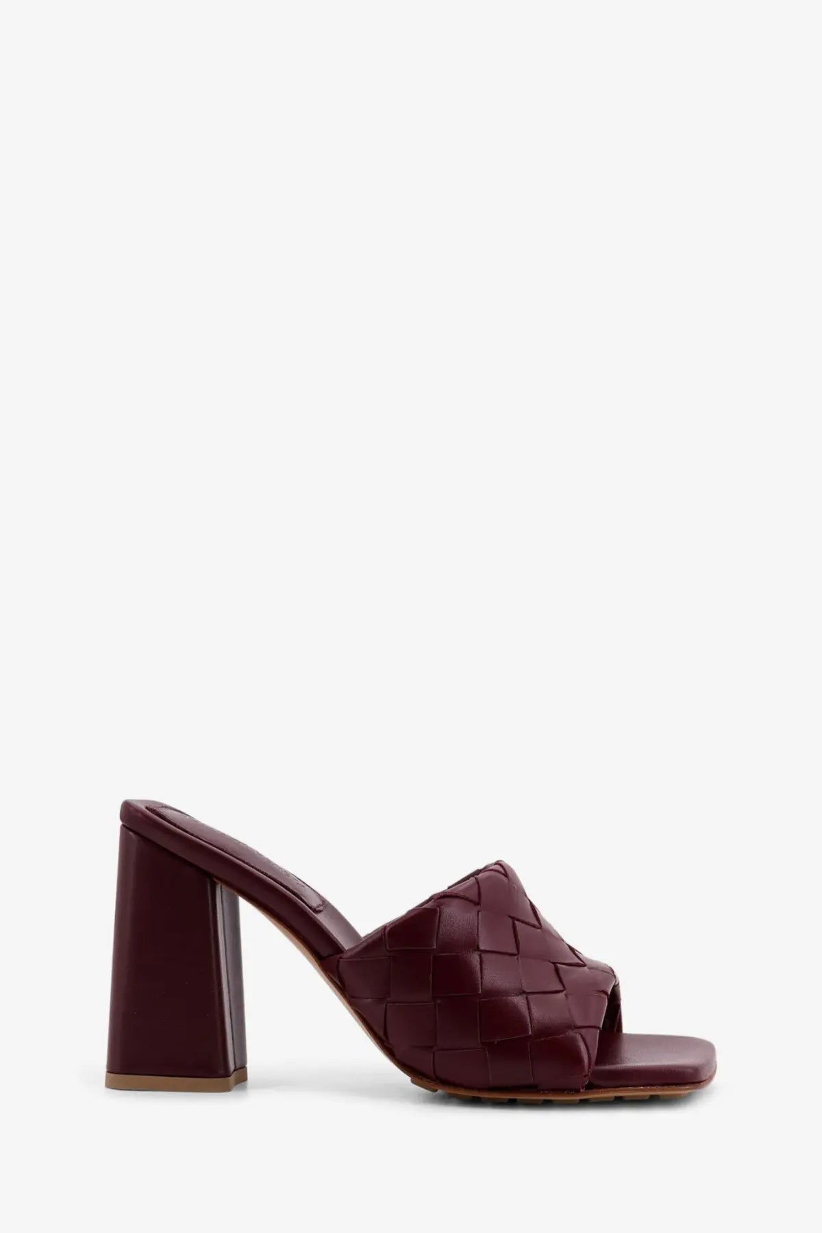Bottega Veneta women’s parco leather sandals red burgundy mule with woven texture and block heel