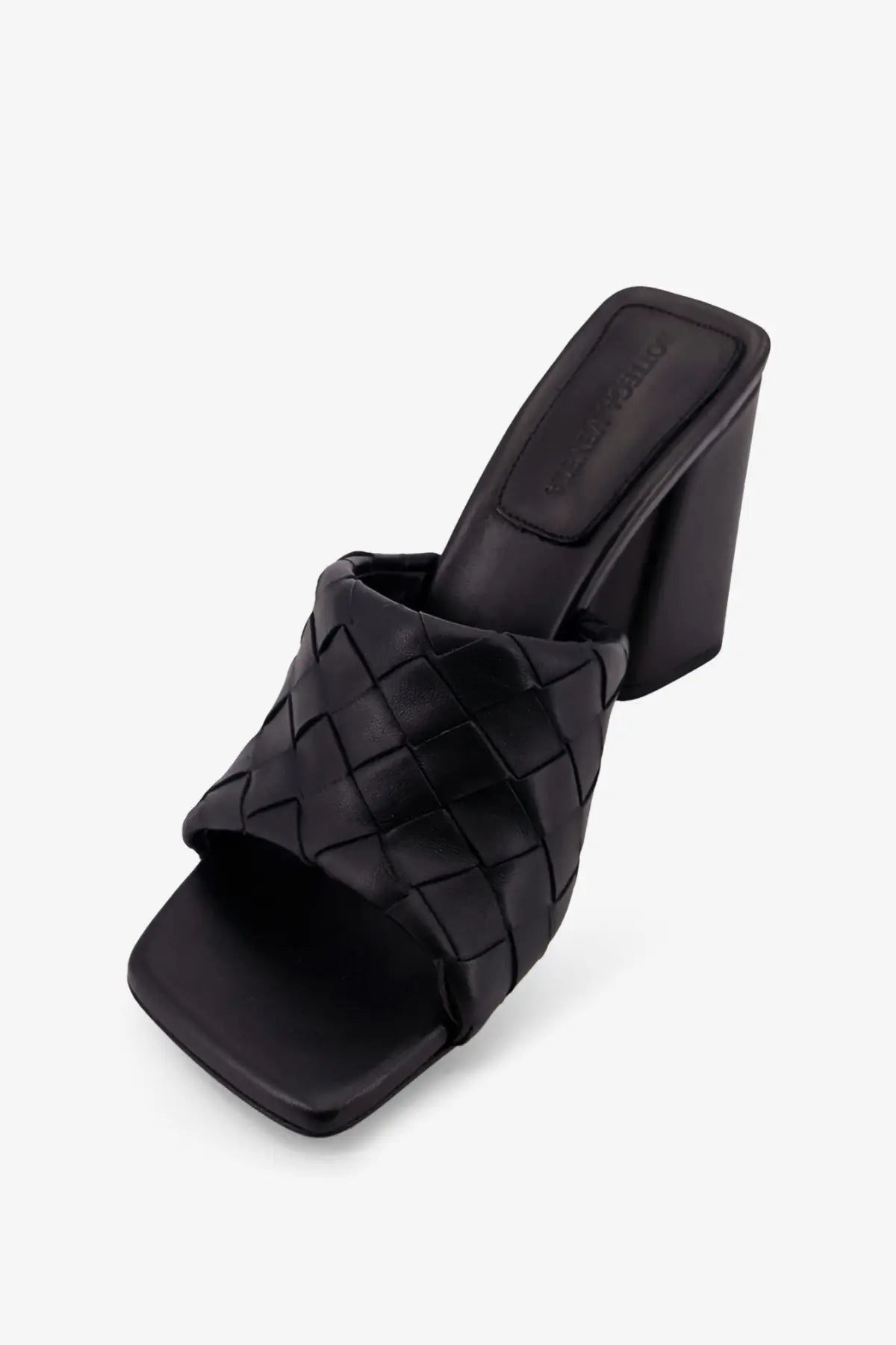Bottega Veneta women’s black leather mule sandal with woven strap and block heel for stylish comfort