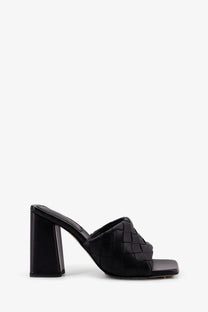 Bottega veneta women’s parco black mule sandals with woven leather upper and block heel