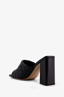 Bottega Veneta women’s black mule sandals with woven leather upper and block heel from Parco collection