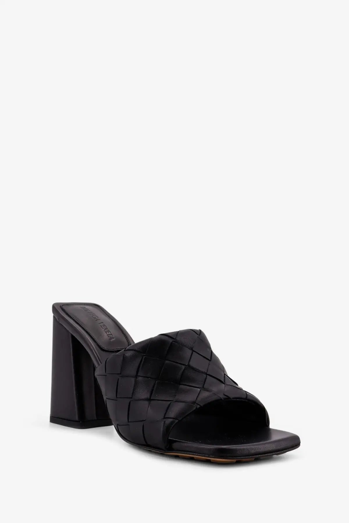 Bottega Veneta women’s parco black leather mule sandals with woven strap and block heel