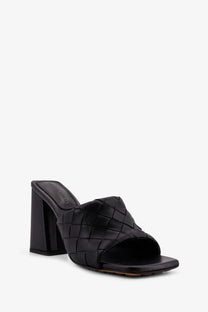 Bottega Veneta women’s parco black leather mule sandals with woven strap and block heel