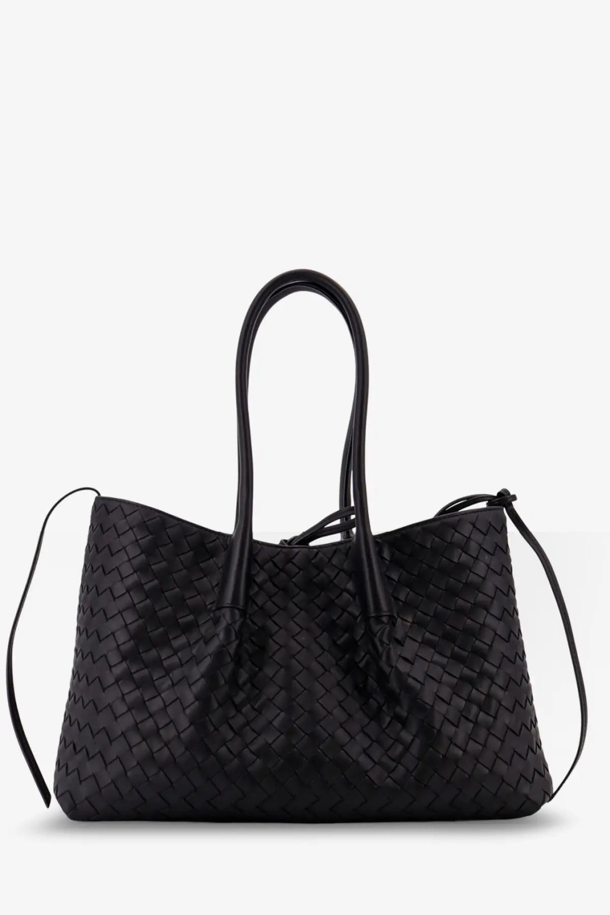 Black woven leather tote bag with structured handles and adjustable shoulder strap by Bottega Veneta women