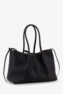 Bottega Veneta women’s pinacoteca black woven leather tote bag with dual top handles and adjustable shoulder strap