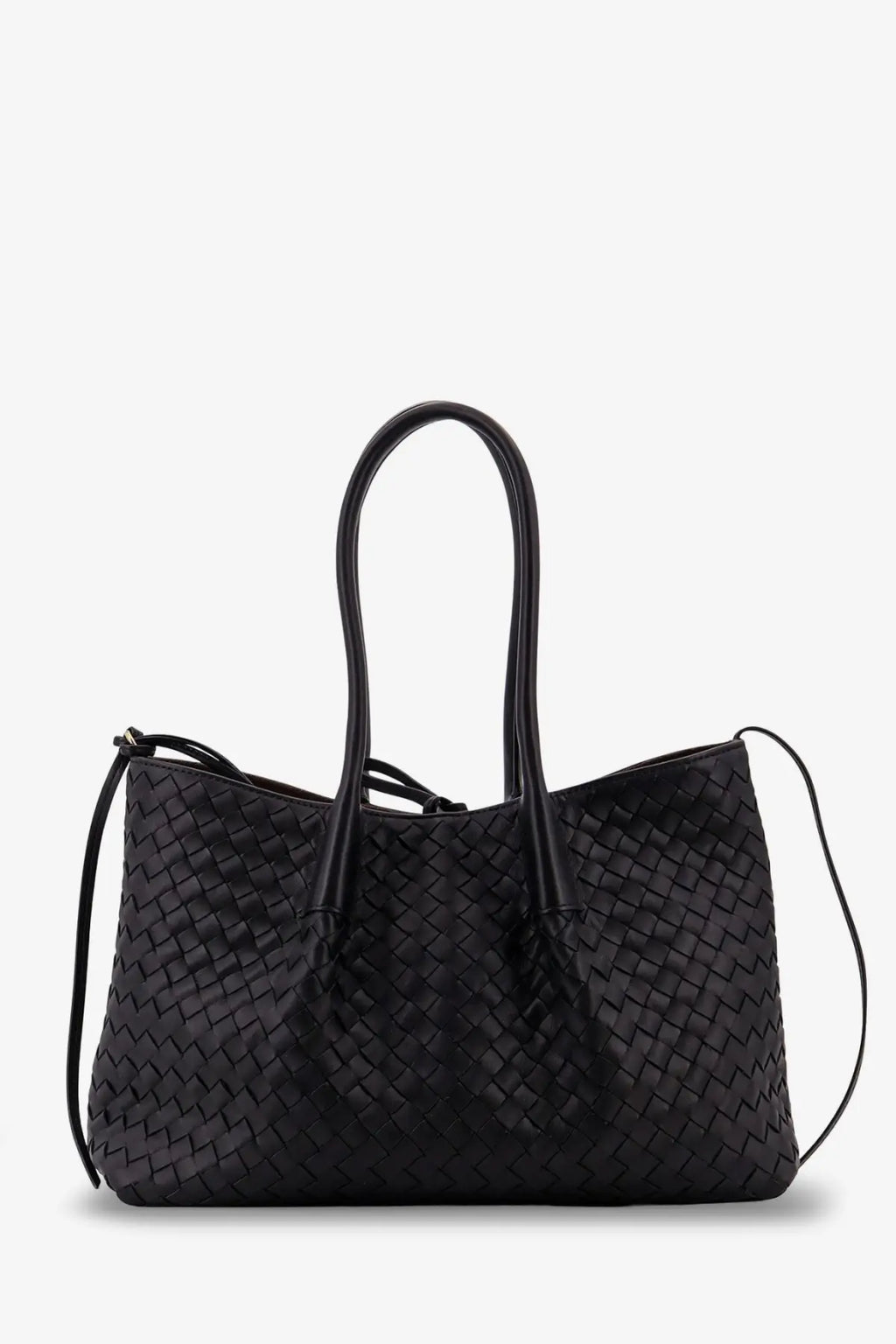 Bottega Veneta women’s black woven leather tote bag with structured handles and detachable shoulder strap