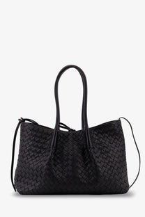 Bottega Veneta women’s black woven leather tote bag with structured handles and detachable shoulder strap
