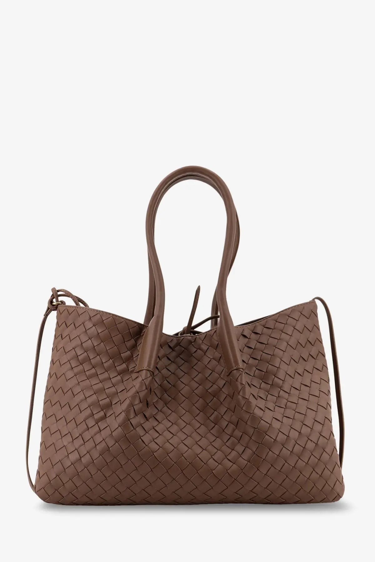 Brown woven leather tote bag with structured handles and adjustable shoulder strap by bottega veneta pinecone
