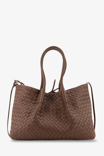 Brown woven leather tote bag with structured handles and adjustable shoulder strap by bottega veneta pinecone