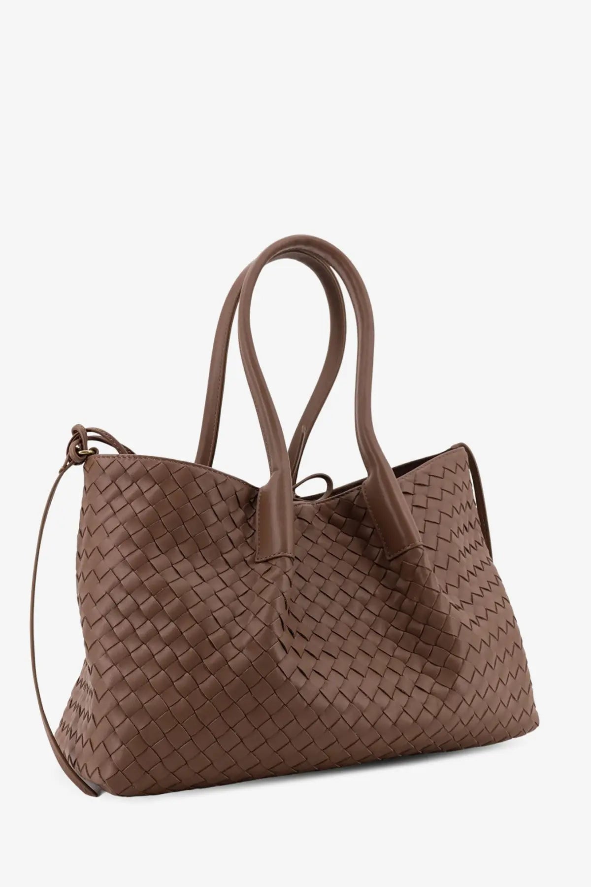 Brown woven leather tote bag with structured handles and detachable shoulder strap by bottega veneta pinecone