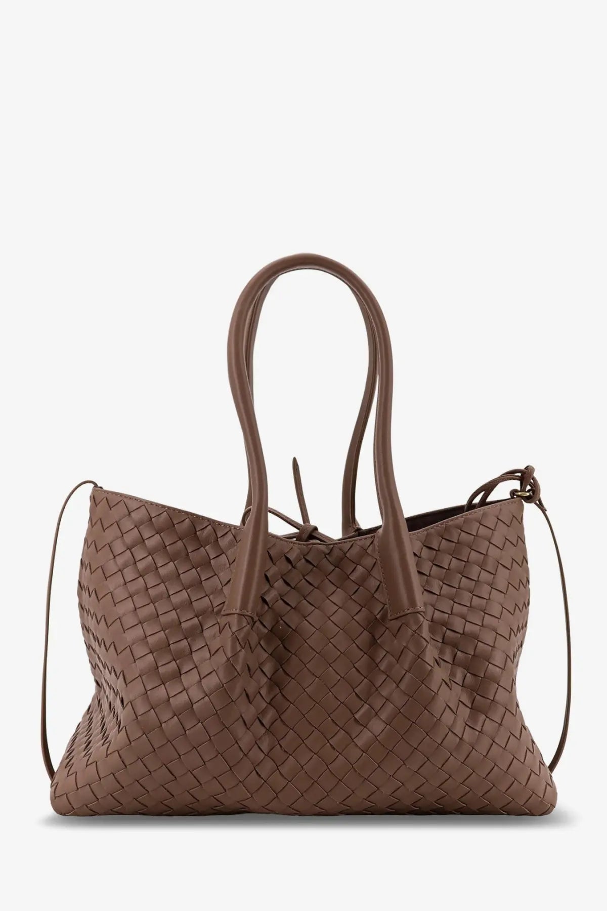 Brown woven leather tote bag with structured handles and adjustable shoulder strap by bottega veneta