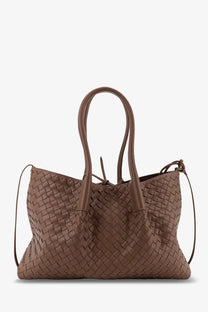 Brown woven leather tote bag with structured handles and adjustable shoulder strap by bottega veneta