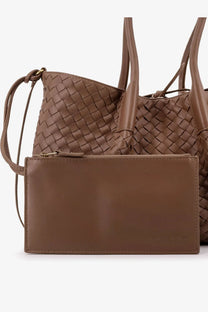 Bottega Veneta women’s pinacoteca leather clutch in pinecone brown with subtle woven texture and gold-tone zipper