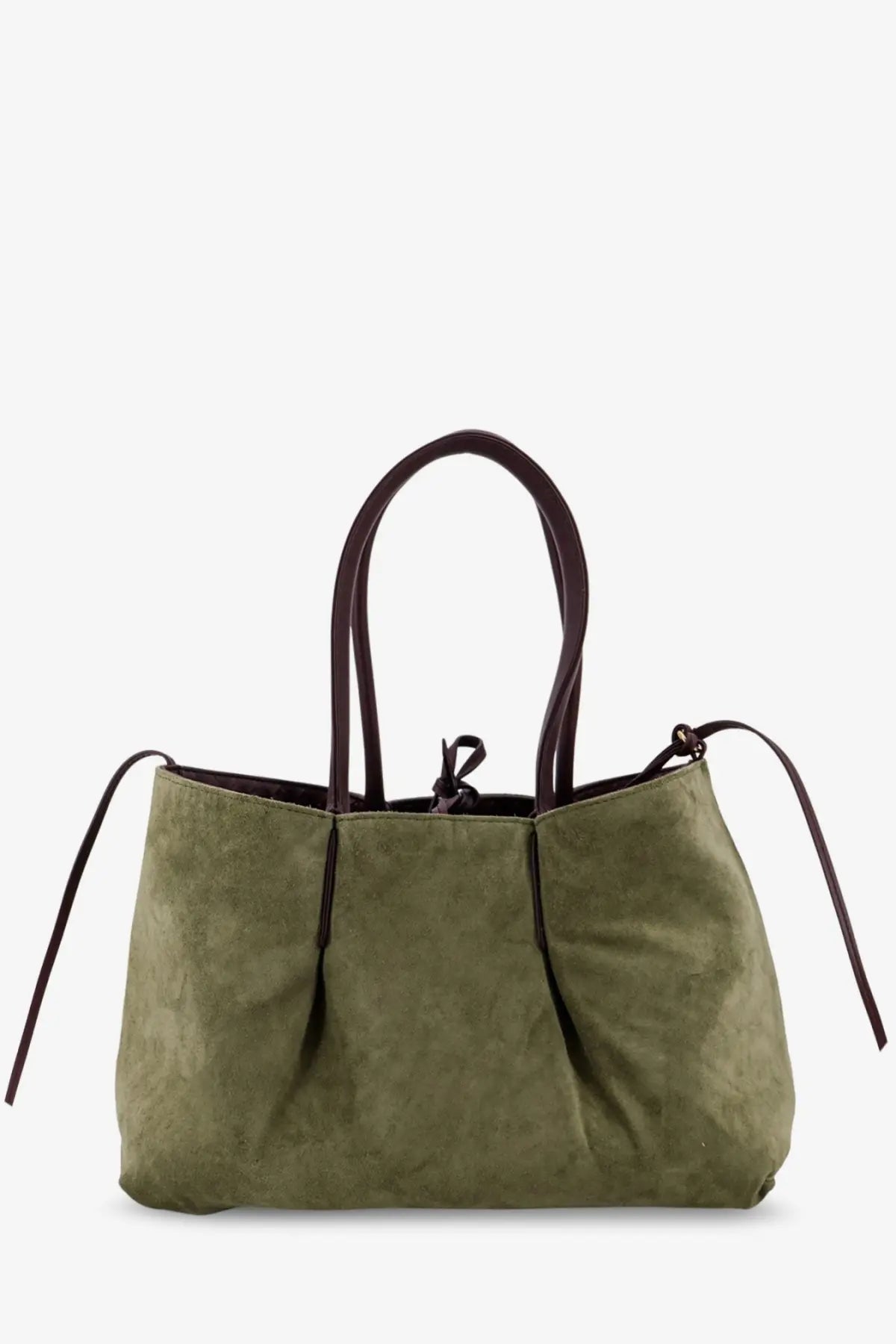 Olive green suede tote bag with dark brown leather handles and drawstring closure by bottega veneta