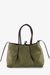 Olive green suede tote bag with dark brown leather handles and drawstring closure by bottega veneta