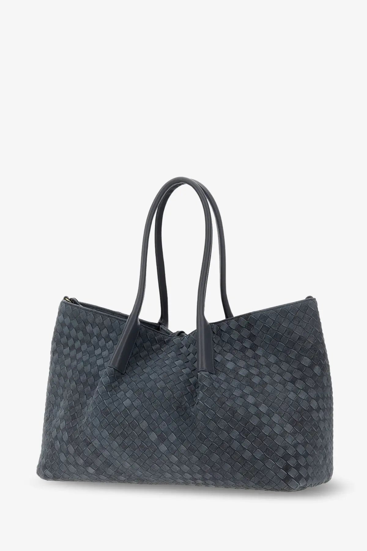 Dark gray woven leather tote bag with structured handles from bottega veneta women’s pinacoteca suede handbag cloudy collection