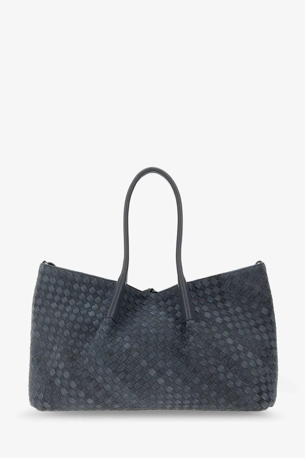 Dark gray woven leather tote bag with structured handles from bottega veneta women’s pinacoteca suede handbag cloudy collection