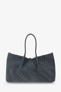 Dark gray woven leather tote bag with structured handles from bottega veneta women’s pinacoteca suede handbag cloudy collection