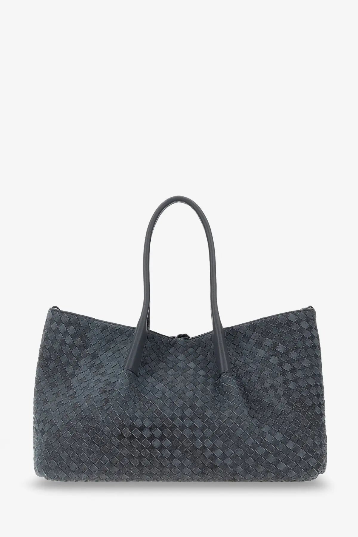 Dark gray woven leather tote bag with structured handles from bottega veneta womens pinacoteca suede handbag cloudy collection