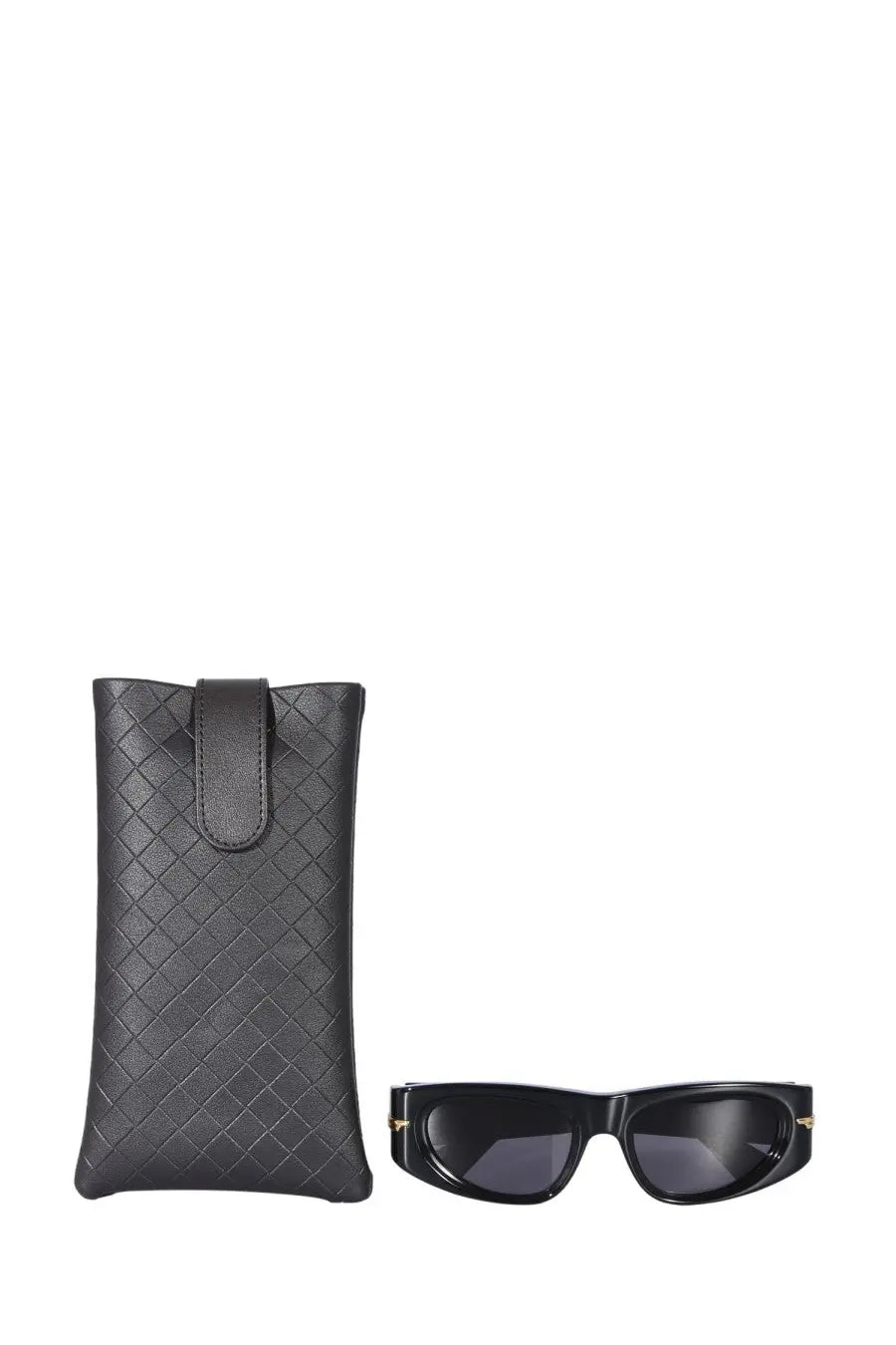 Bottega Veneta women’s rectangular sunglasses with black acetate frames gold temple tips and black quilted leather case