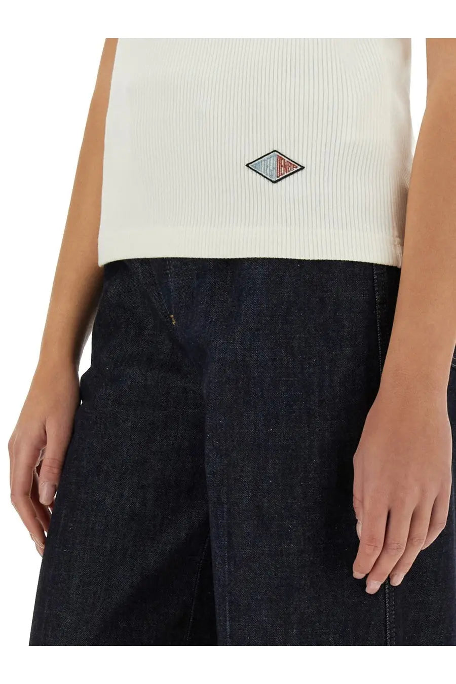 White ribbed knit sleeveless cotton top with diamond-shaped embroidered logo patch on the chest by bottega veneta