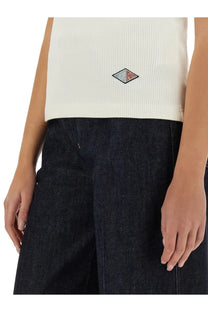 White ribbed knit sleeveless cotton top with diamond-shaped embroidered logo patch on the chest by bottega veneta