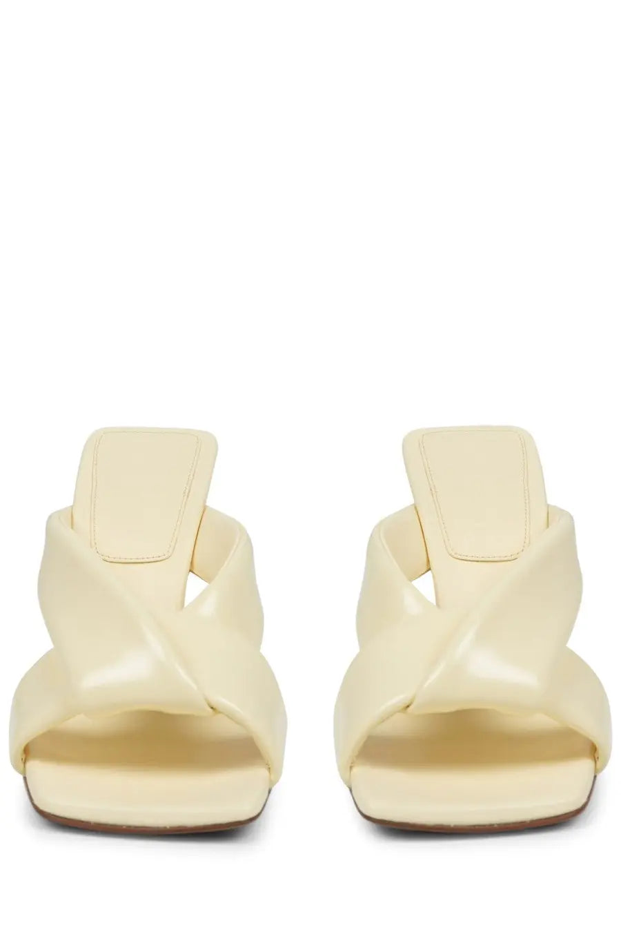 Bottega Veneta women’s sandalo riva beige cream patent leather mules with crisscross straps and square heel