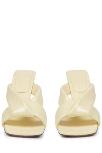 Bottega Veneta women’s sandalo riva beige cream patent leather mules with crisscross straps and square heel