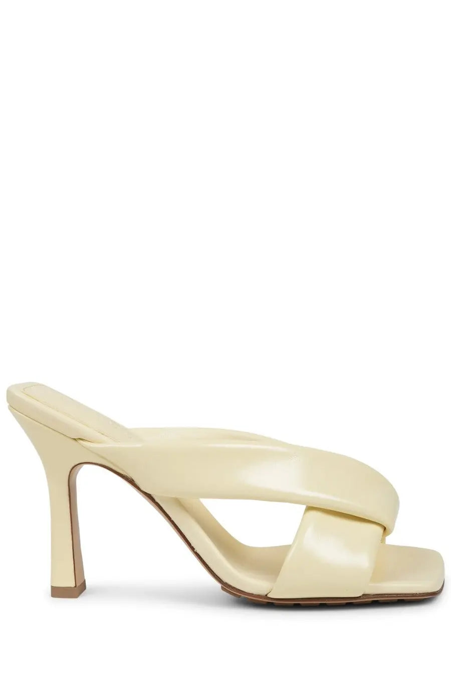 Bottega Veneta women’s Sandalo Riva beige cream-colored patent leather mule sandal with sleek minimalist design and slender heel