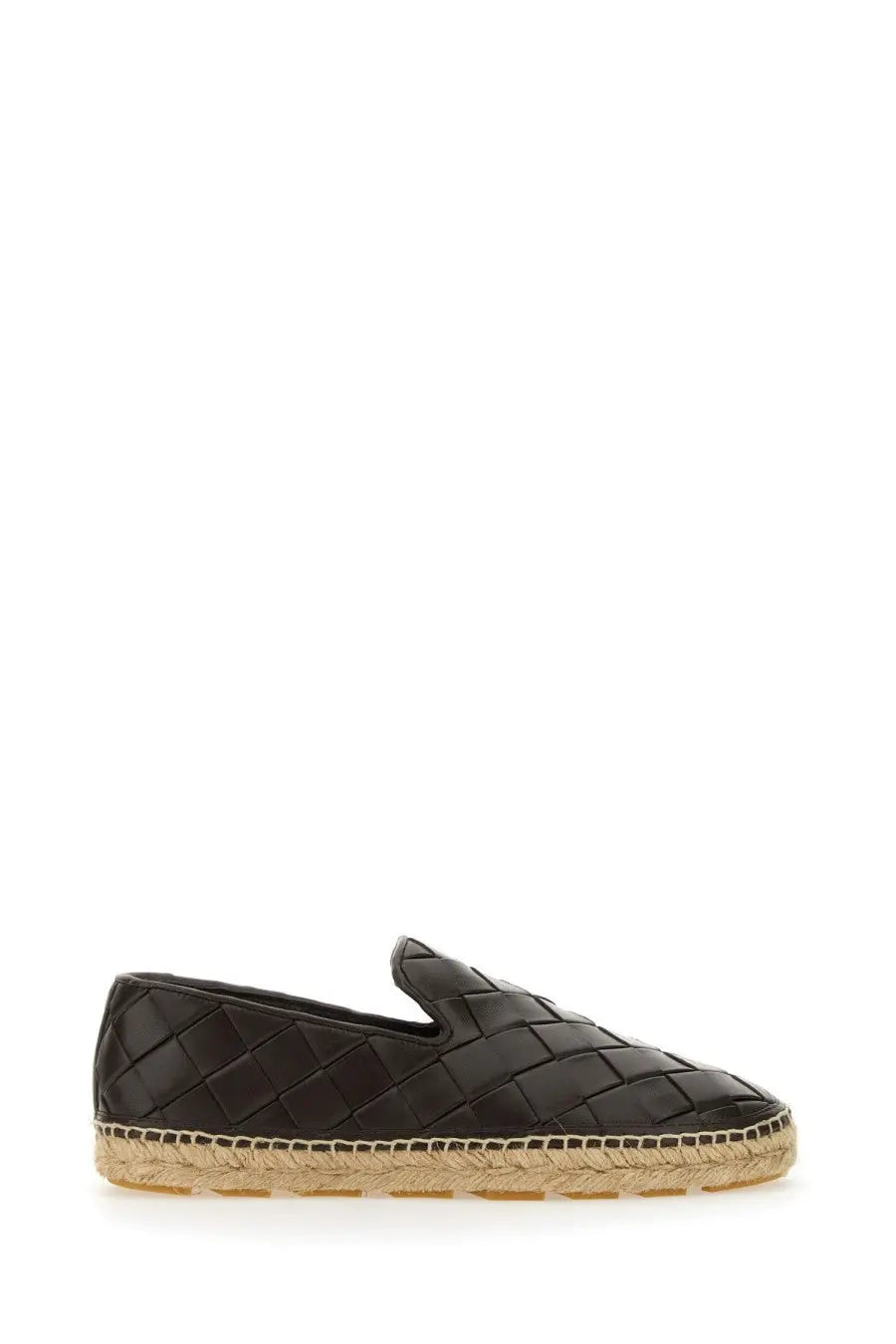 Bottega Veneta women’s Sawyer sneaker brown espadrille loafer with black leather woven texture and natural jute sole