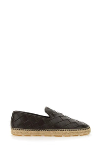 Bottega Veneta women’s Sawyer sneaker brown espadrille loafer with black leather woven texture and natural jute sole