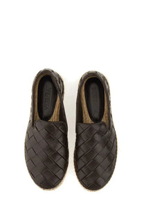 Black leather bottega veneta womens sawyer sneaker espadrille loafers with woven intrecciato pattern and braided jute sole