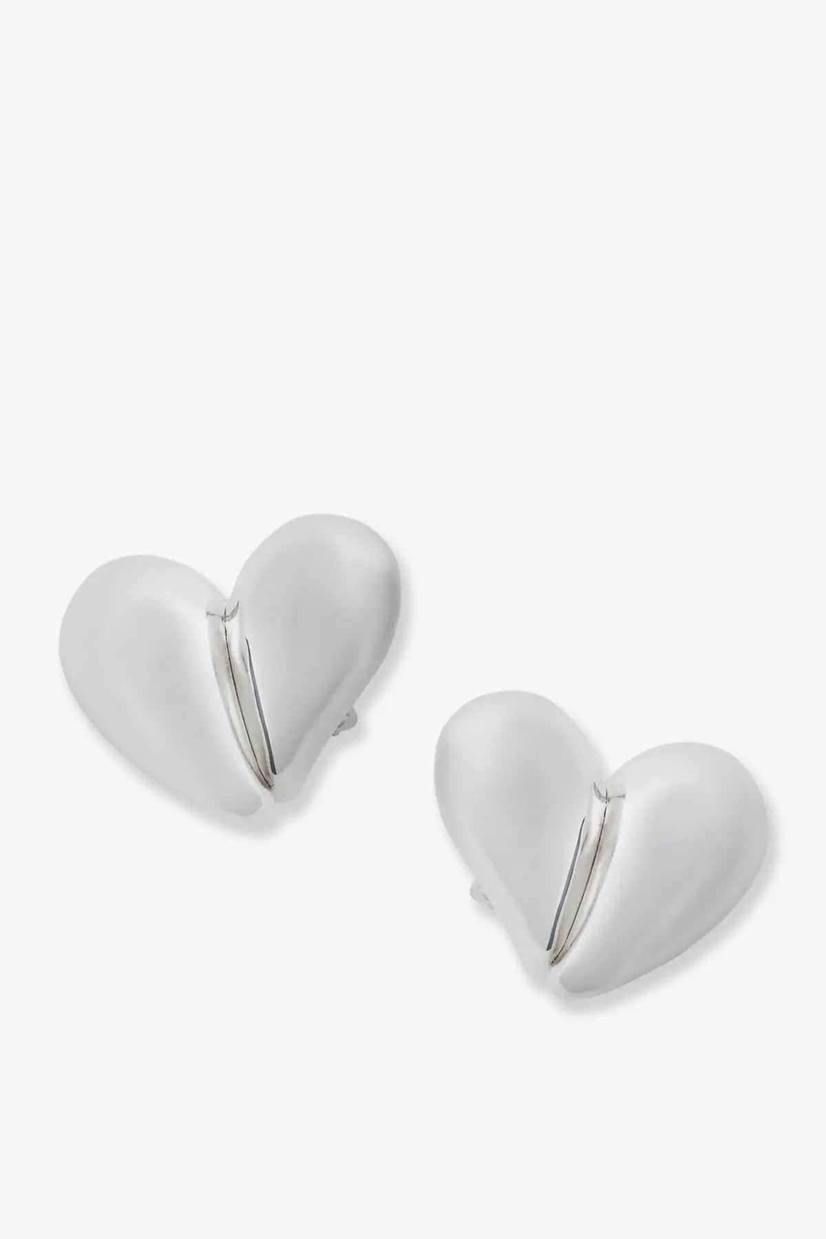 Bottega Veneta women’s silver heart-shaped clip earrings with a smooth glossy finish and subtle metallic lines