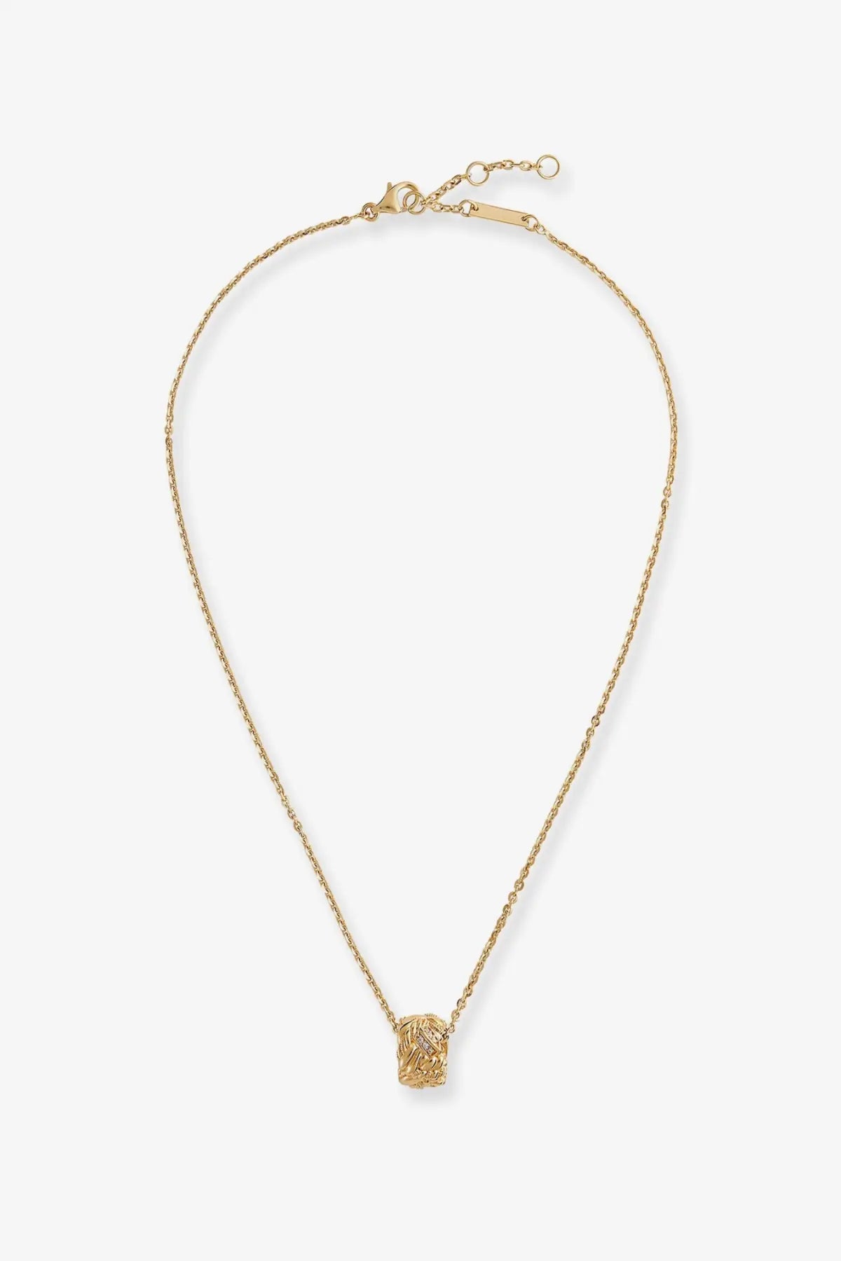 Bottega Veneta women’s silver necklace with a gold-toned delicate chain and intricately textured rectangular pendant