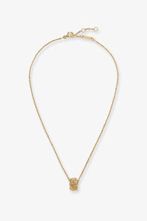 Bottega Veneta women’s silver necklace with a gold-toned delicate chain and intricately textured rectangular pendant