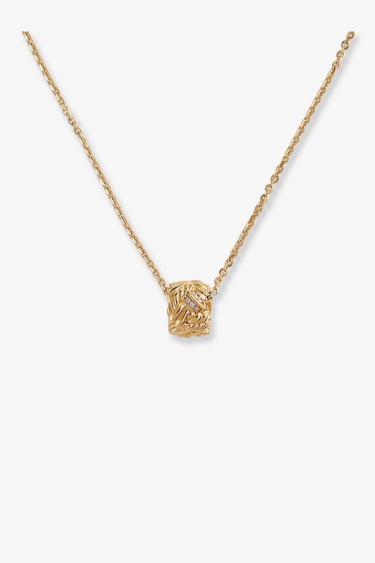 Bottega Veneta women’s silver necklace with a gold-toned textured cube pendant featuring diamond accents