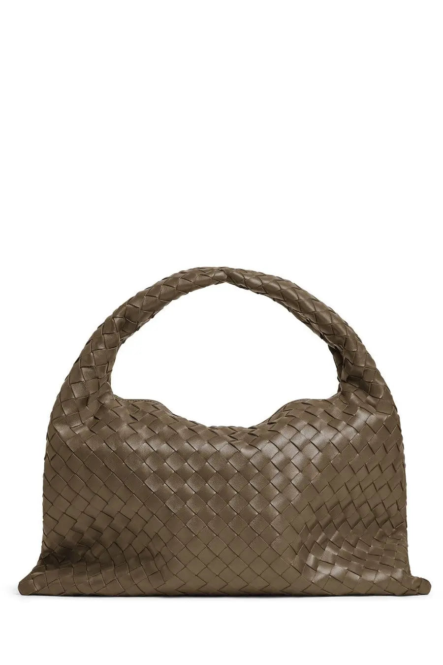Bottega Veneta women’s small Hop bag beige taupe woven leather handbag with structured soft silhouette and integrated handle
