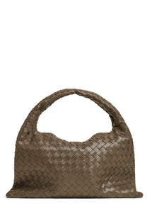 Bottega Veneta women’s small Hop bag beige taupe woven leather handbag with structured soft silhouette and integrated handle